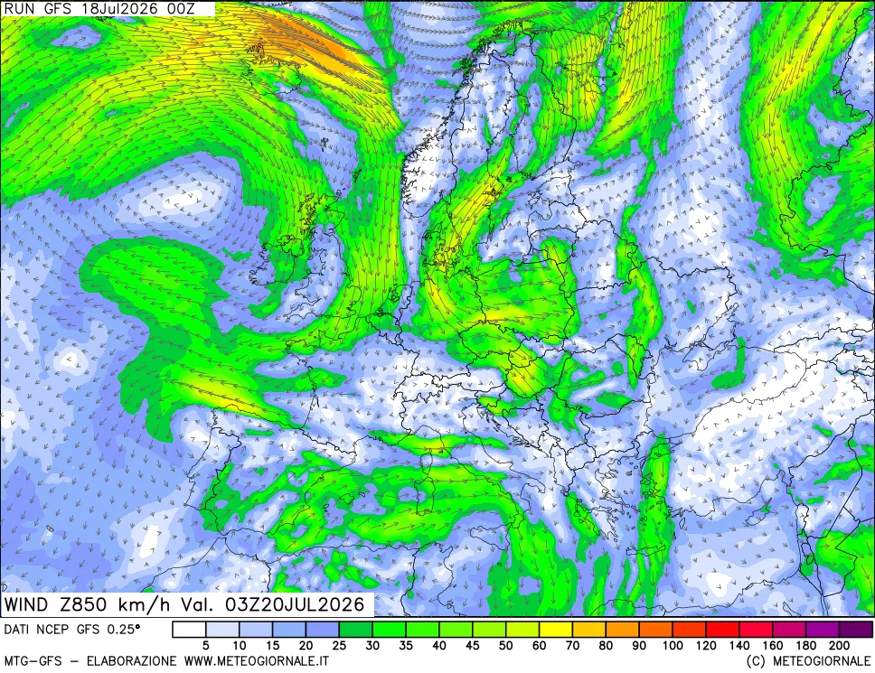 mappa 850 hPa Vento forza e direzione