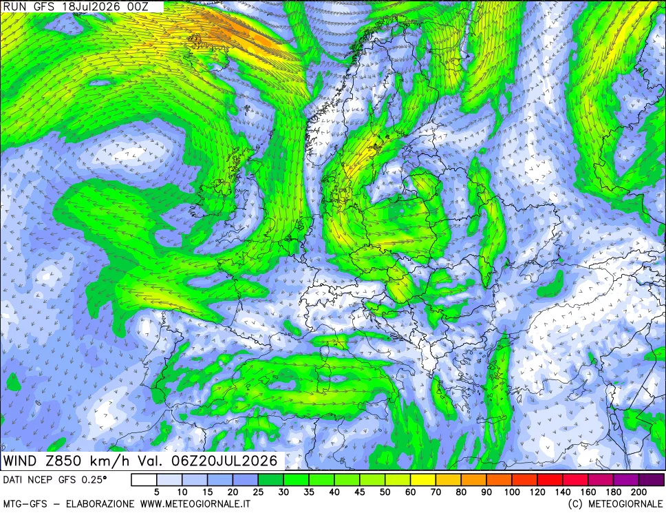 mappa 850 hPa Vento forza e direzione