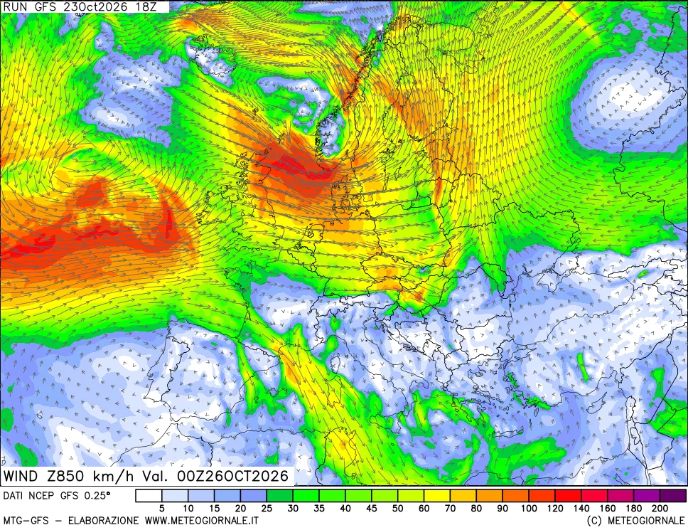 mappa 850 hPa Vento forza e direzione