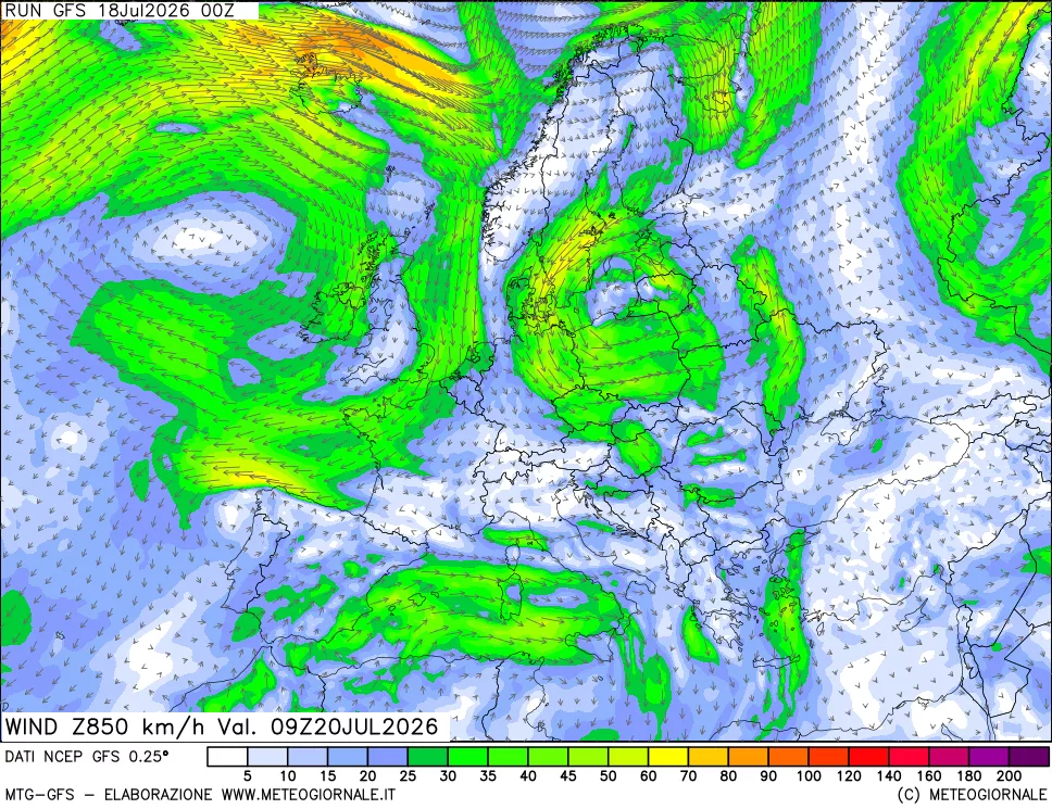 mappa 850 hPa Vento forza e direzione