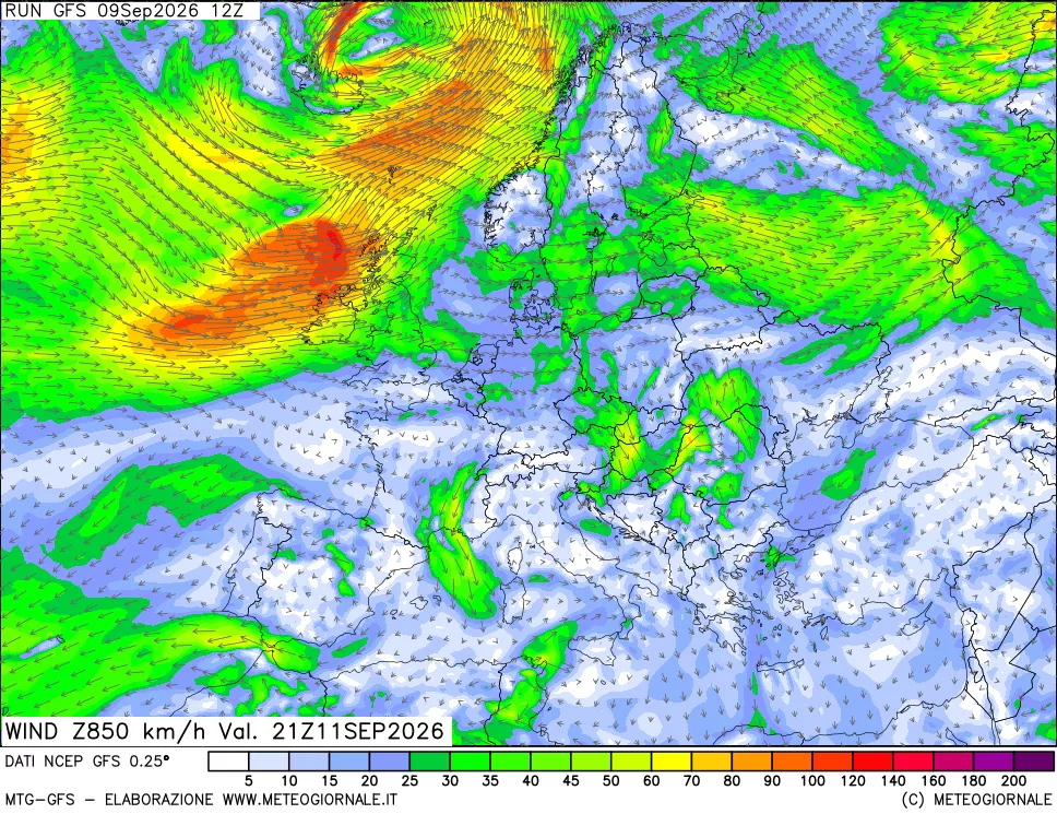 mappa 850 hPa Vento forza e direzione