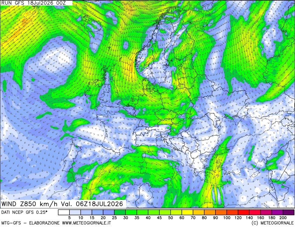 mappa 850 hPa Vento forza e direzione