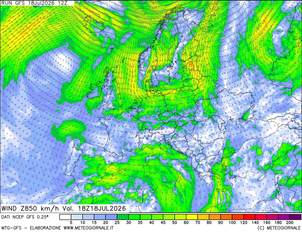 mappa 850 hPa Vento forza e direzione