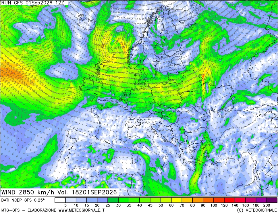 mappa 850 hPa Vento forza e direzione