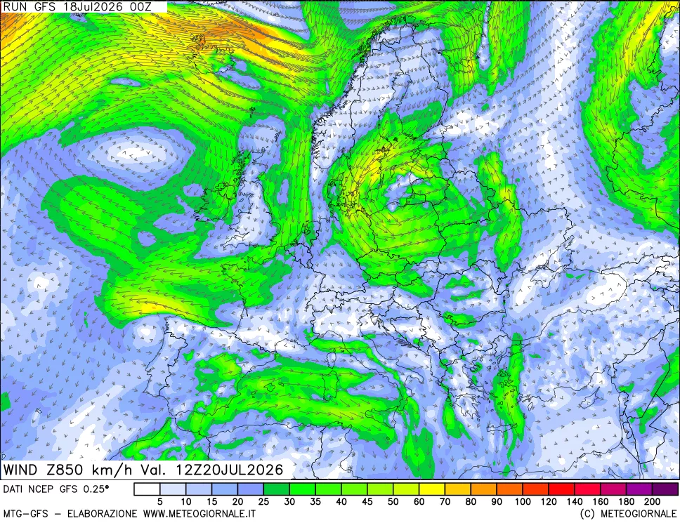 mappa 850 hPa Vento forza e direzione