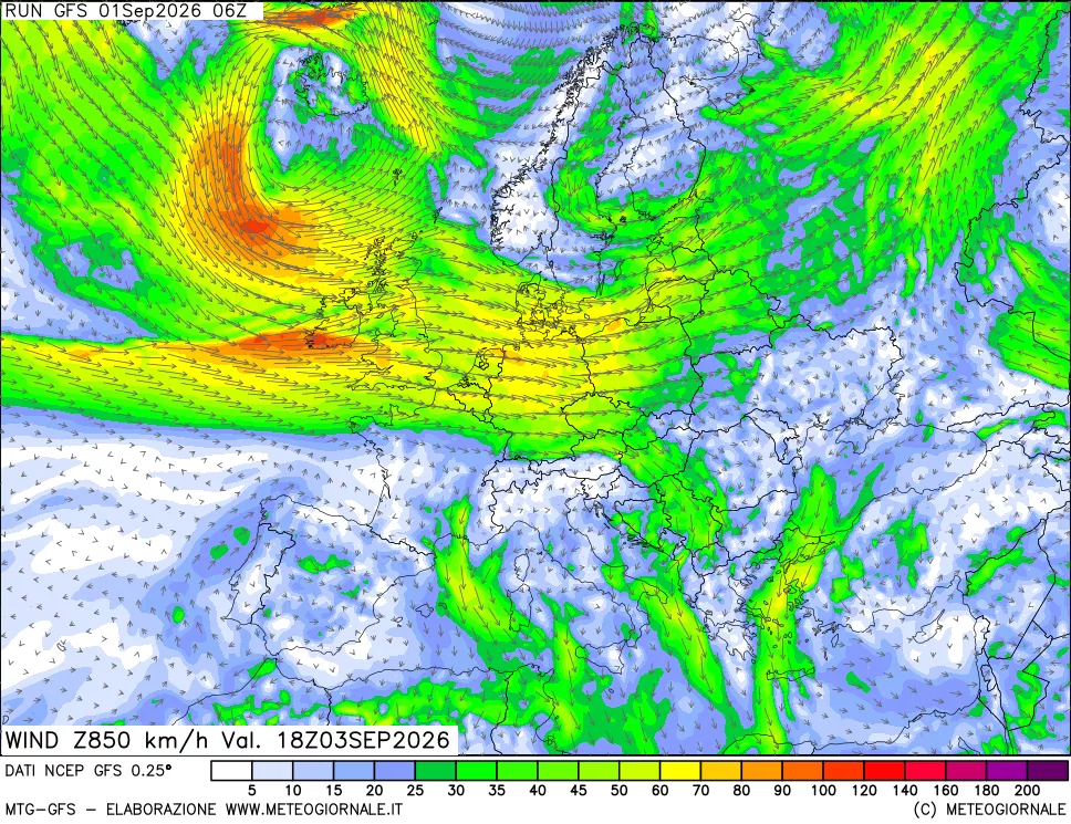 mappa 850 hPa Vento forza e direzione