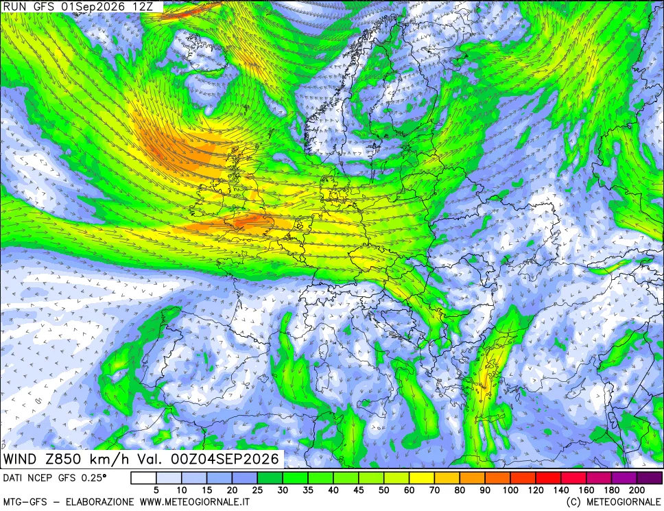 mappa 850 hPa Vento forza e direzione