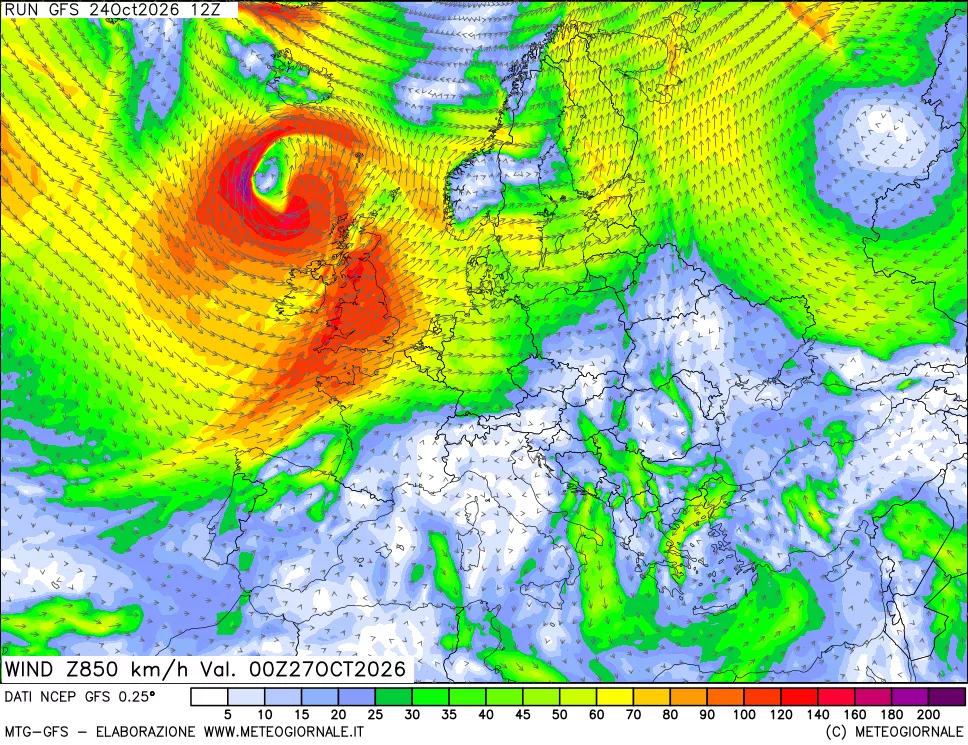 mappa 850 hPa Vento forza e direzione