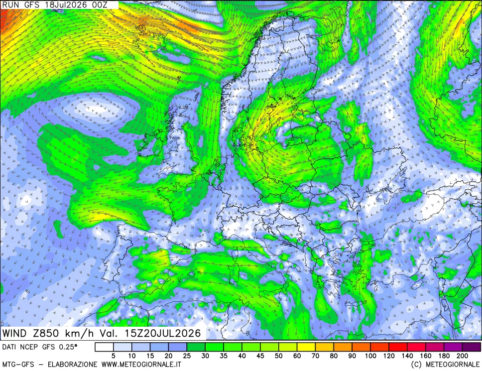 mappa 850 hPa Vento forza e direzione