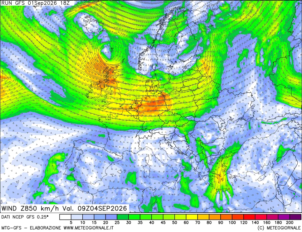 mappa 850 hPa Vento forza e direzione