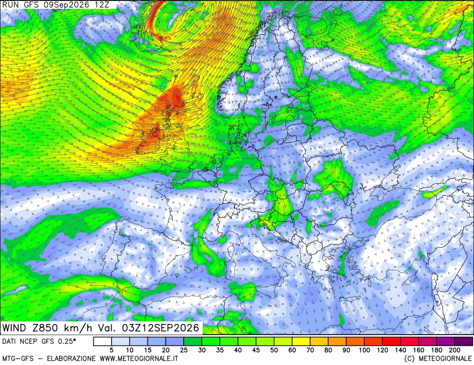 mappa 850 hPa Vento forza e direzione