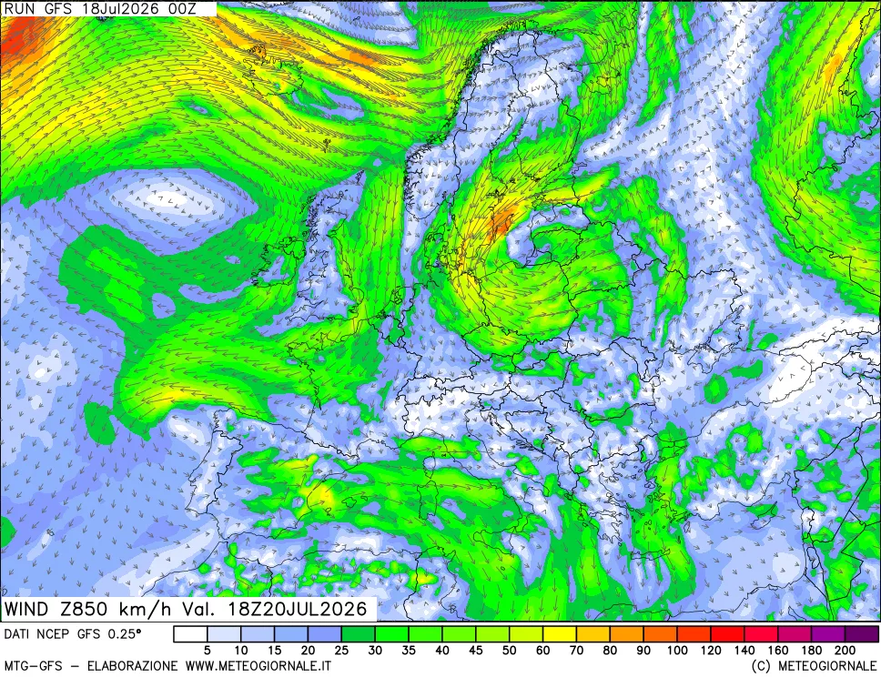 mappa 850 hPa Vento forza e direzione
