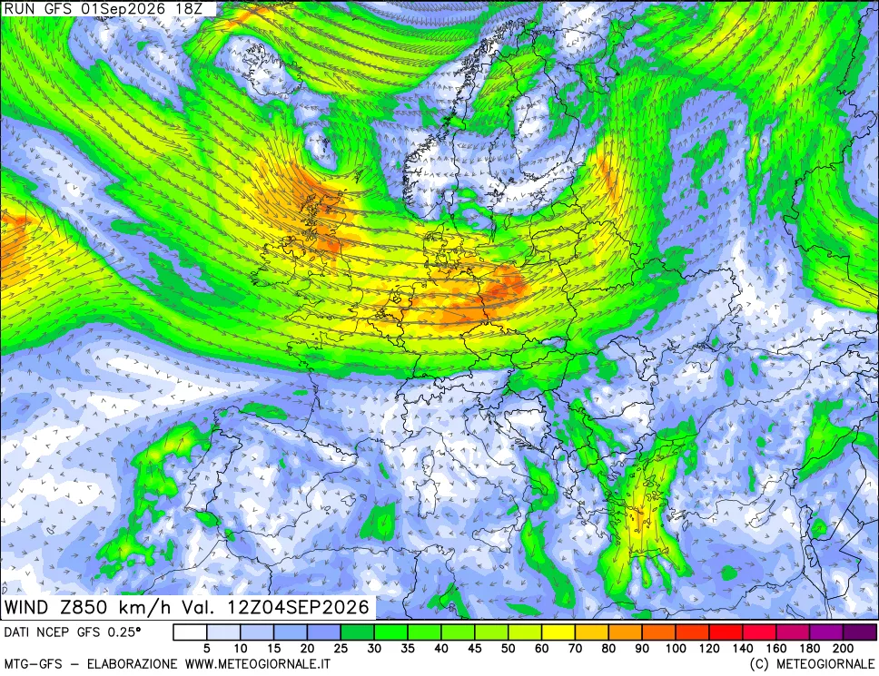 mappa 850 hPa Vento forza e direzione