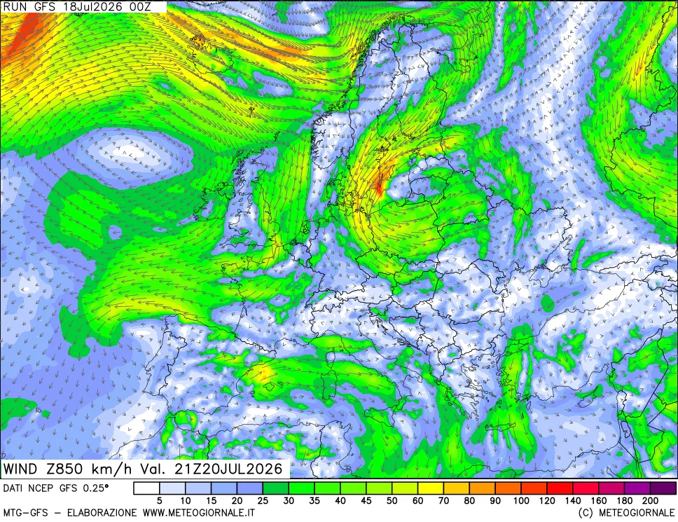 mappa 850 hPa Vento forza e direzione