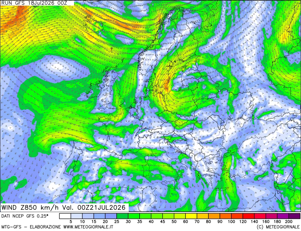 mappa 850 hPa Vento forza e direzione