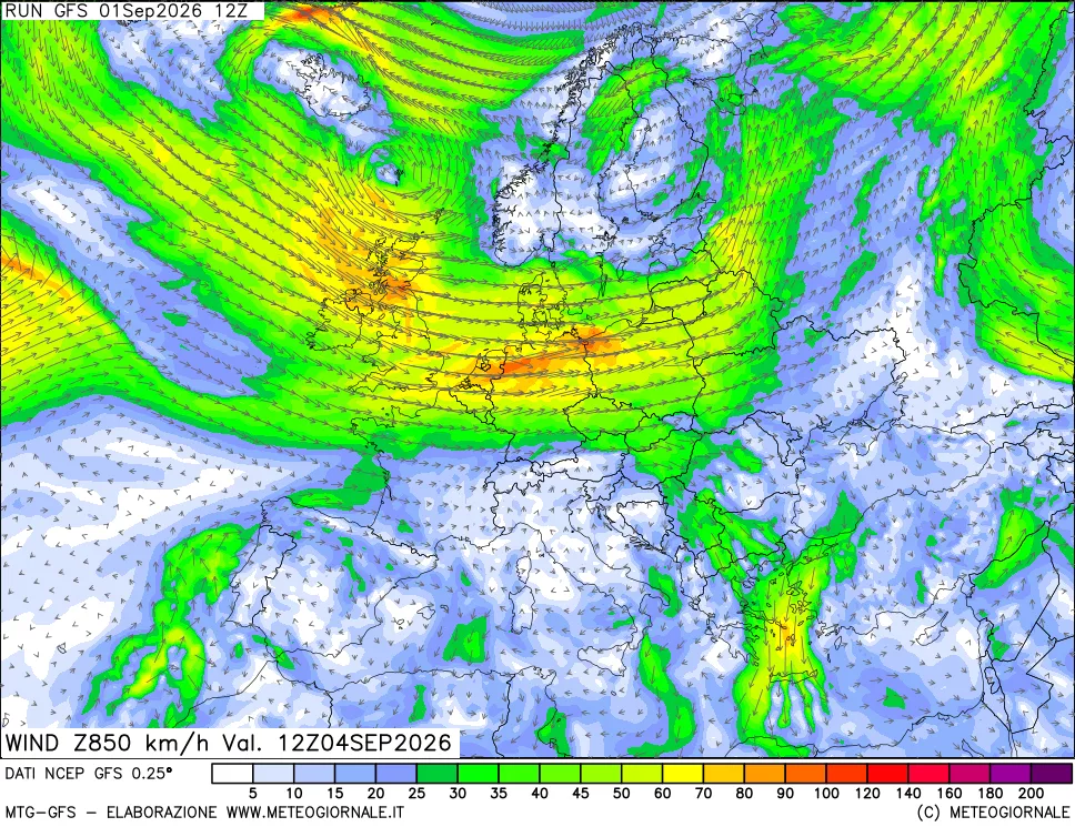 mappa 850 hPa Vento forza e direzione
