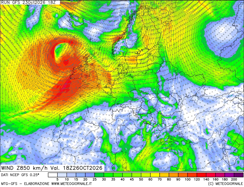 mappa 850 hPa Vento forza e direzione