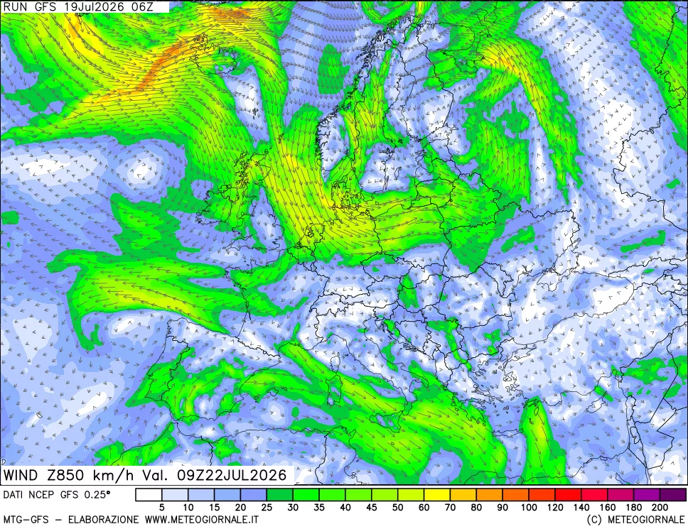 mappa 850 hPa Vento forza e direzione
