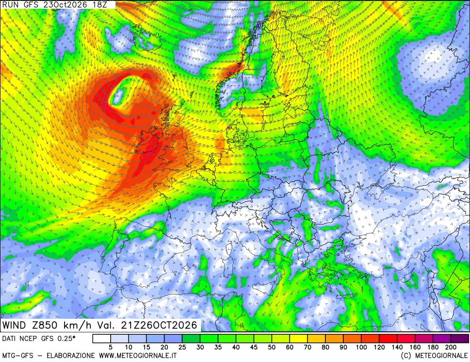 mappa 850 hPa Vento forza e direzione