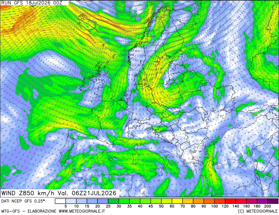 mappa 850 hPa Vento forza e direzione