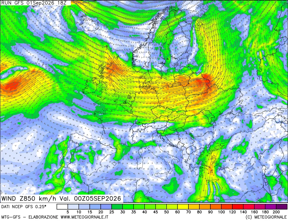 mappa 850 hPa Vento forza e direzione