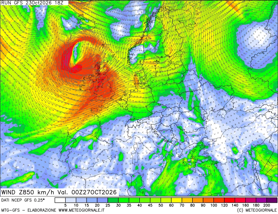 mappa 850 hPa Vento forza e direzione