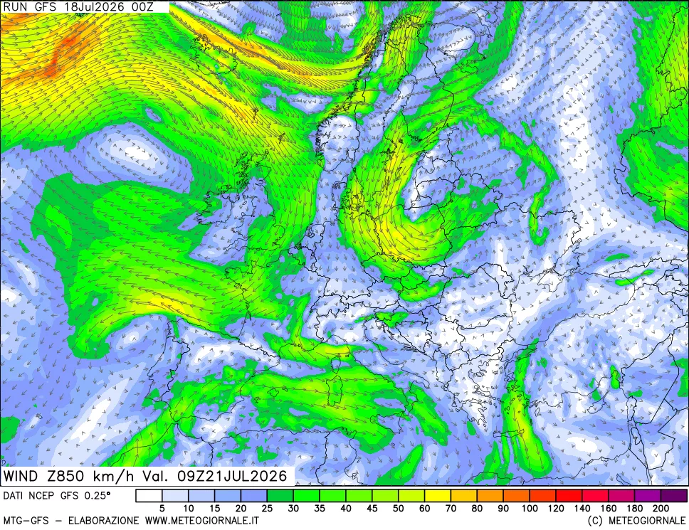 mappa 850 hPa Vento forza e direzione