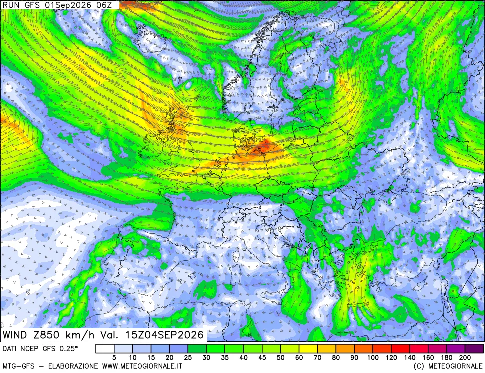 mappa 850 hPa Vento forza e direzione