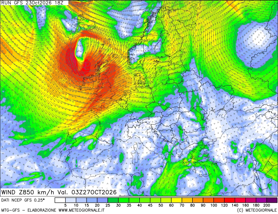 mappa 850 hPa Vento forza e direzione