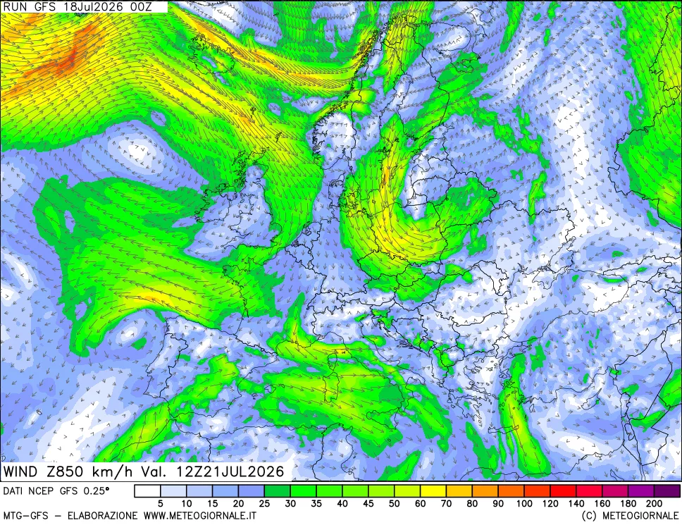 mappa 850 hPa Vento forza e direzione