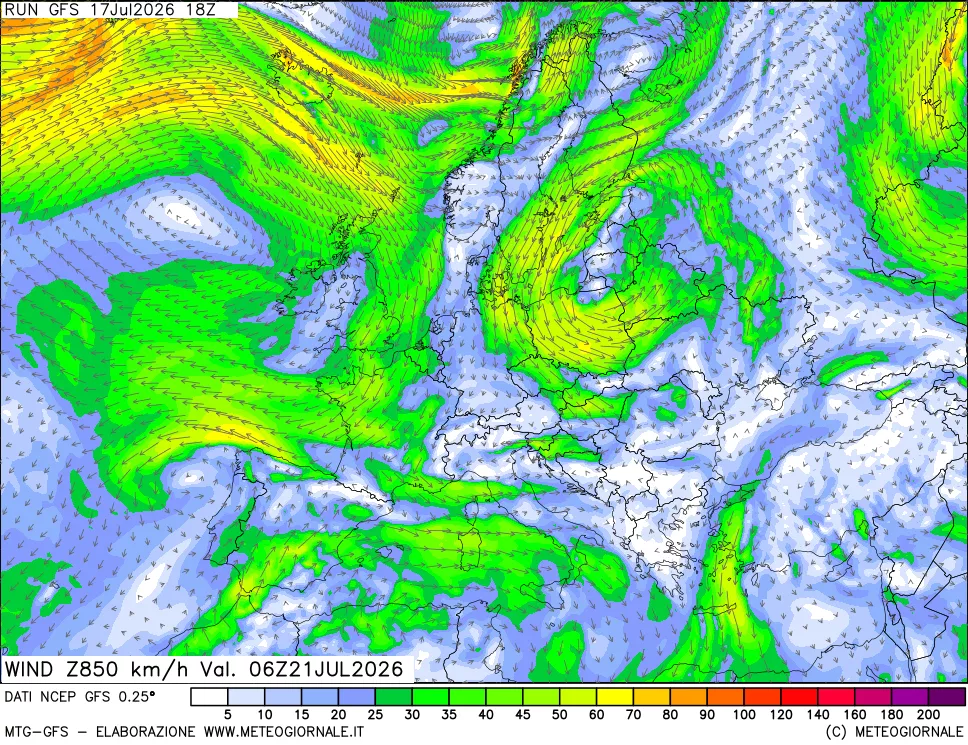 mappa 850 hPa Vento forza e direzione