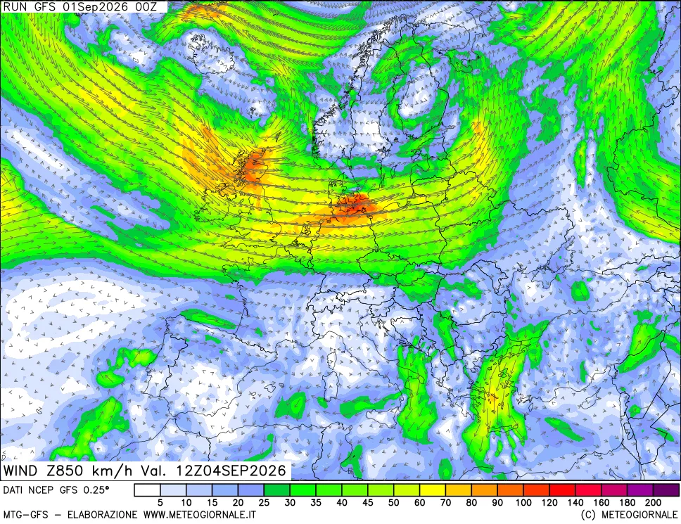 mappa 850 hPa Vento forza e direzione