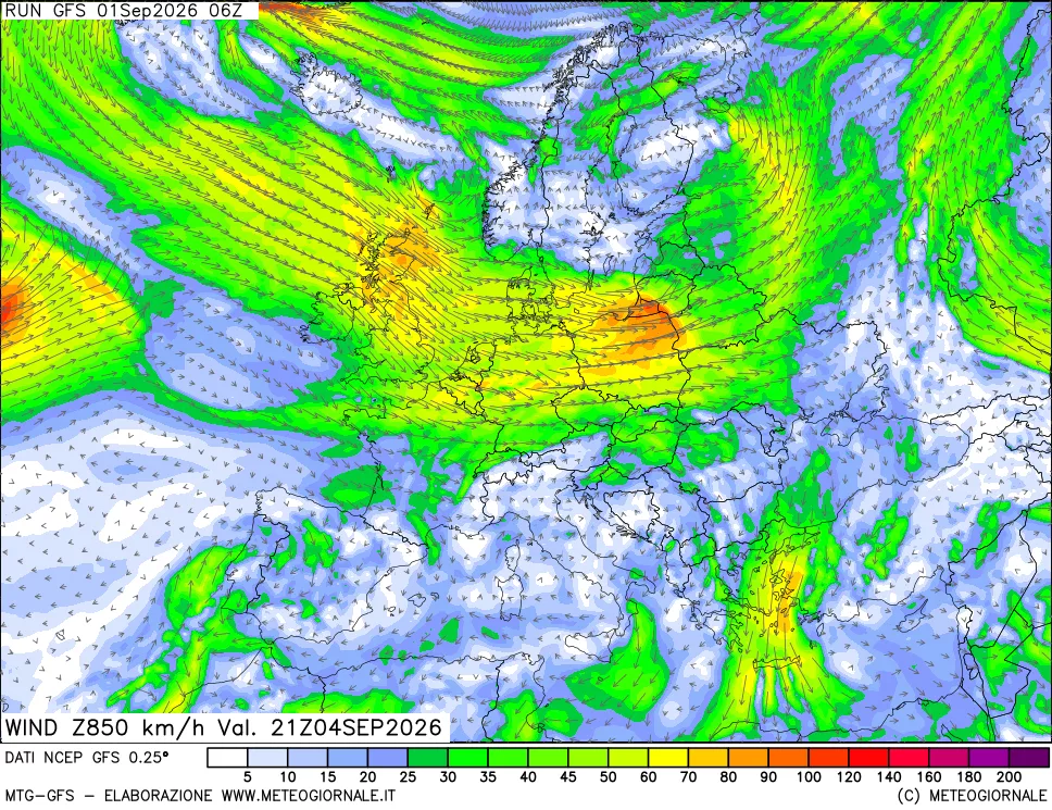mappa 850 hPa Vento forza e direzione