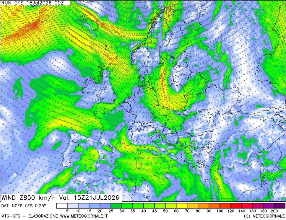 mappa 850 hPa Vento forza e direzione