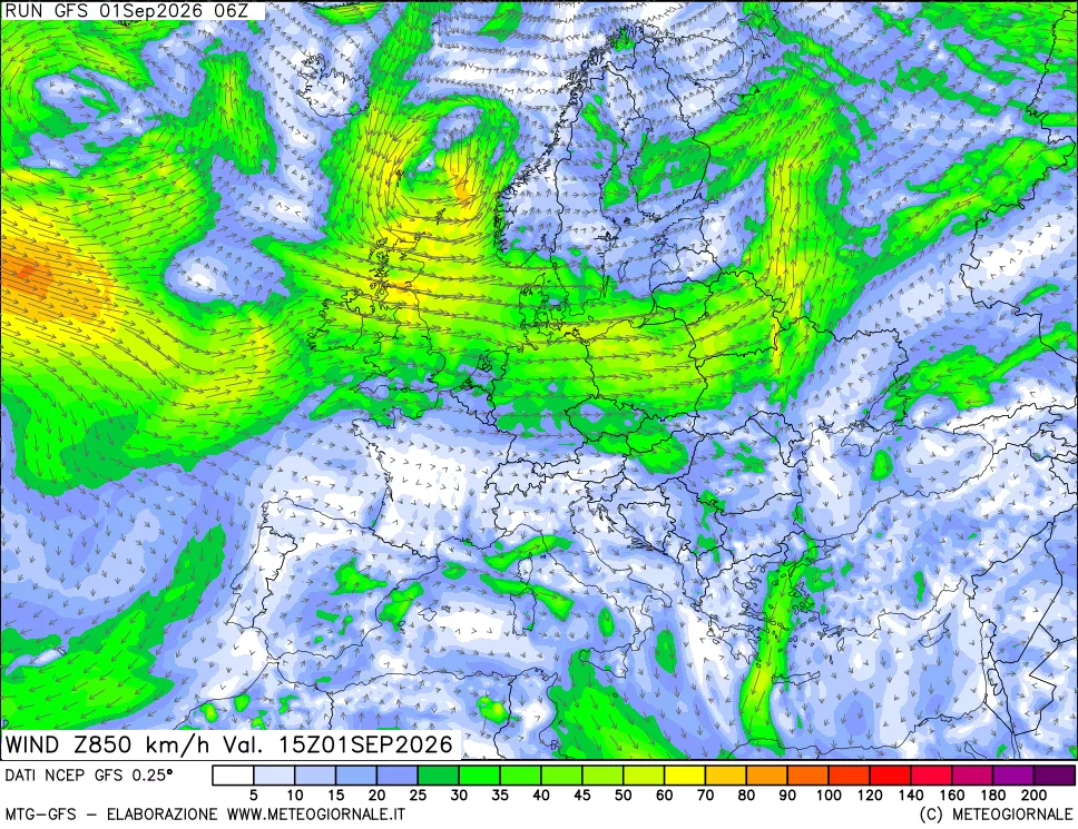 mappa 850 hPa Vento forza e direzione