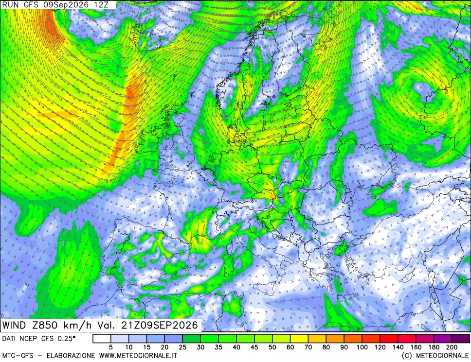 mappa 850 hPa Vento forza e direzione