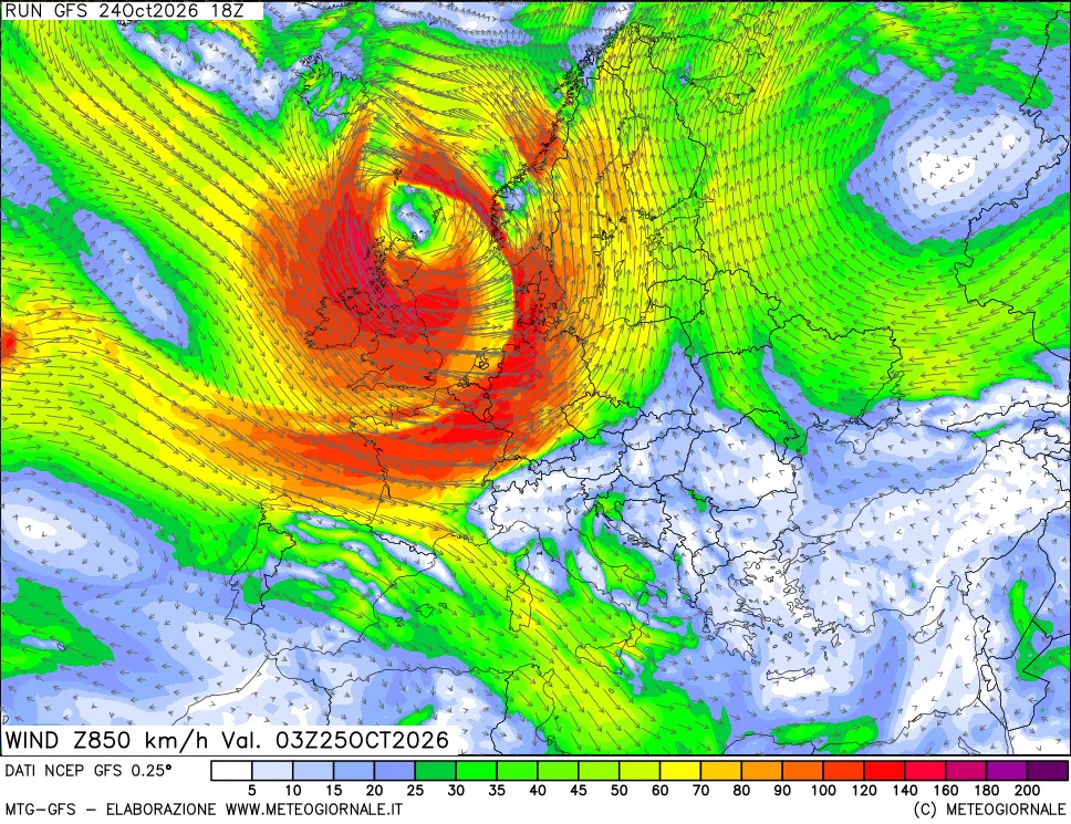mappa 850 hPa Vento forza e direzione