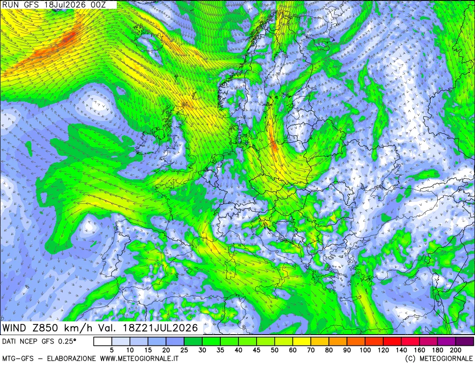 mappa 850 hPa Vento forza e direzione