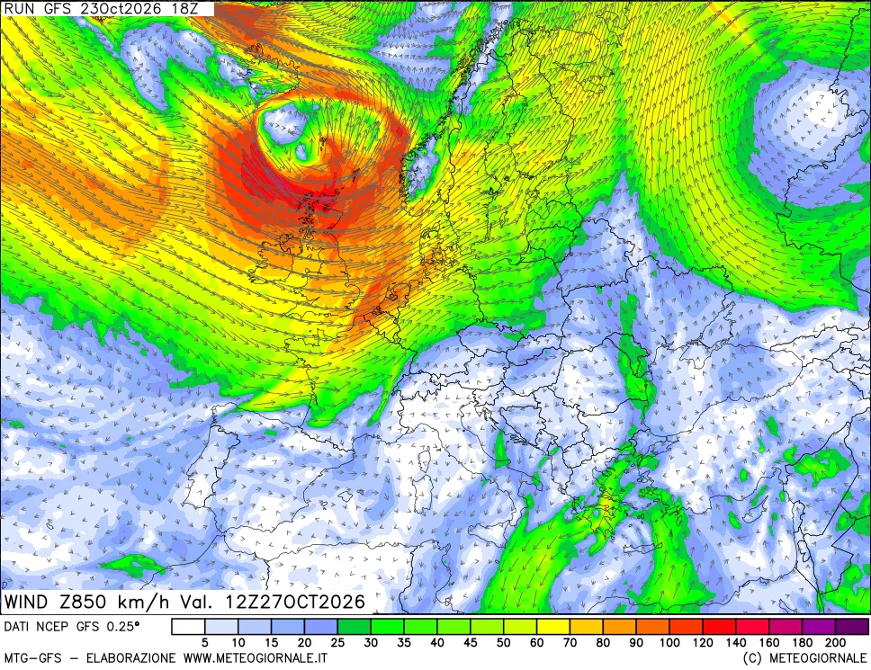 mappa 850 hPa Vento forza e direzione