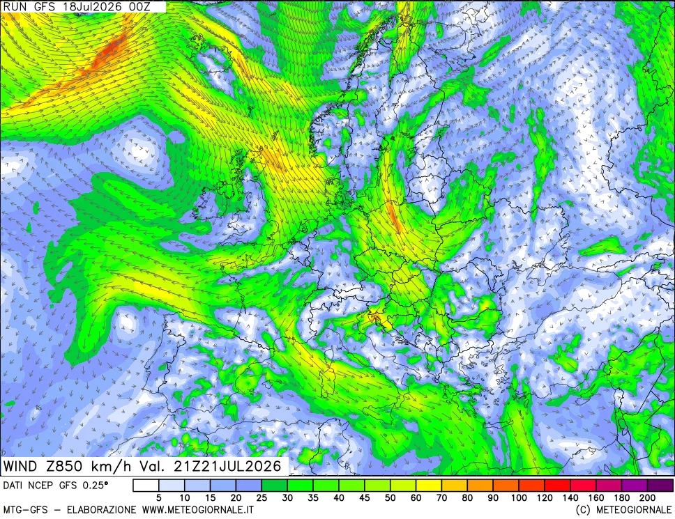 mappa 850 hPa Vento forza e direzione