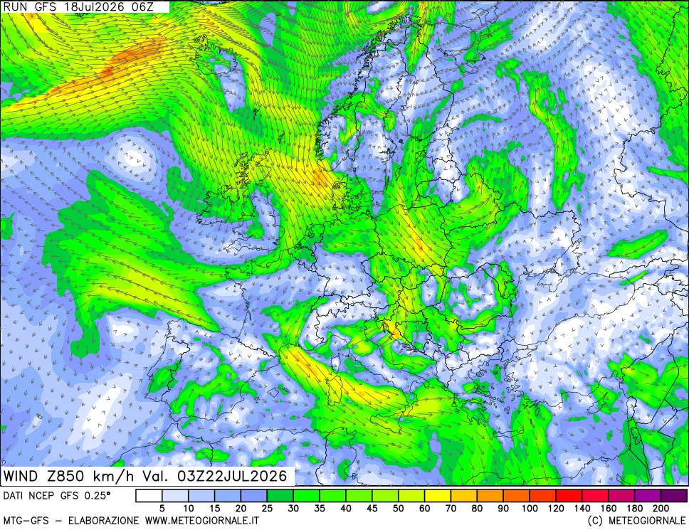 mappa 850 hPa Vento forza e direzione