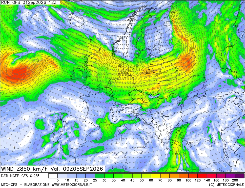 mappa 850 hPa Vento forza e direzione