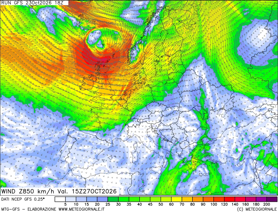 mappa 850 hPa Vento forza e direzione