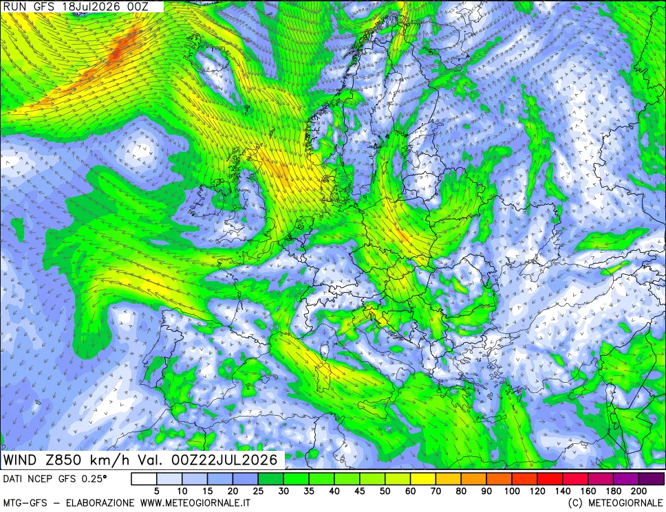 mappa 850 hPa Vento forza e direzione