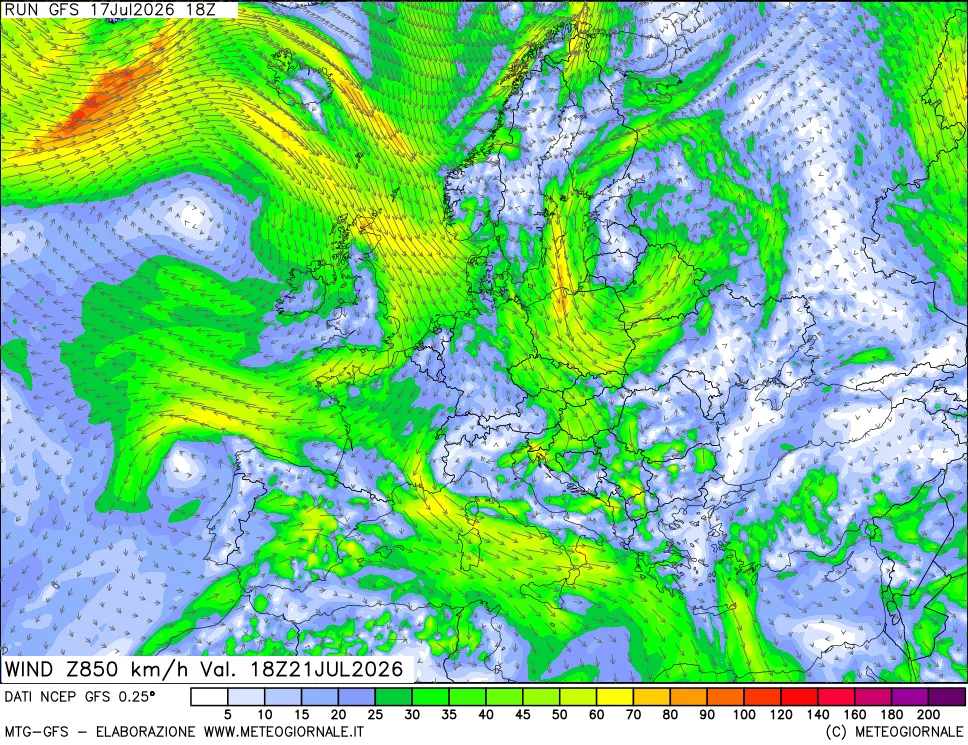 mappa 850 hPa Vento forza e direzione