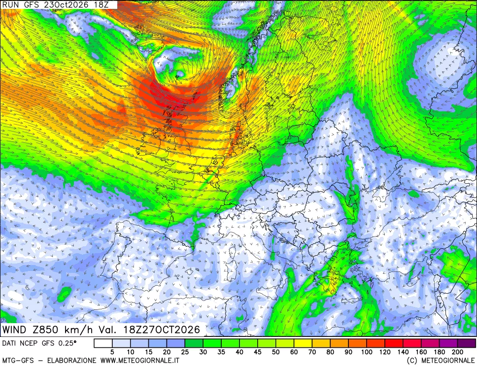 mappa 850 hPa Vento forza e direzione