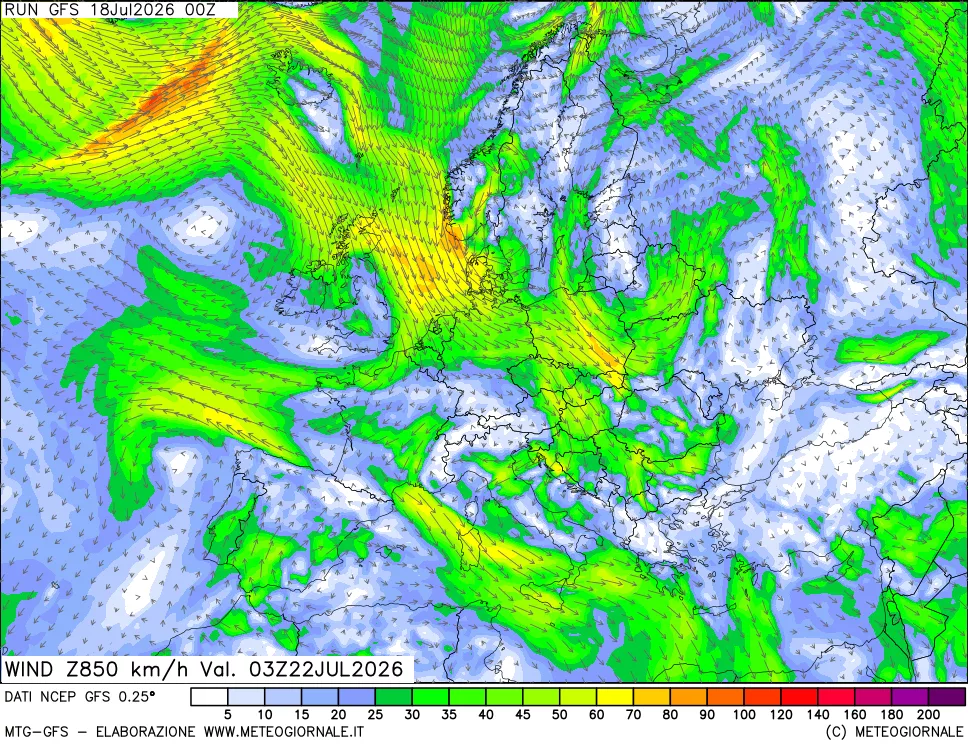 mappa 850 hPa Vento forza e direzione