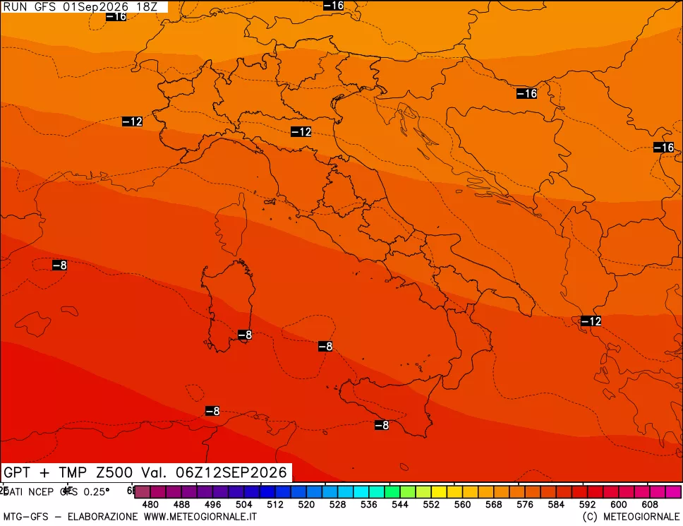 mappa 500 hPa GPT + Temp
