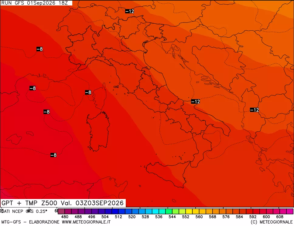 mappa 500 hPa GPT + Temp