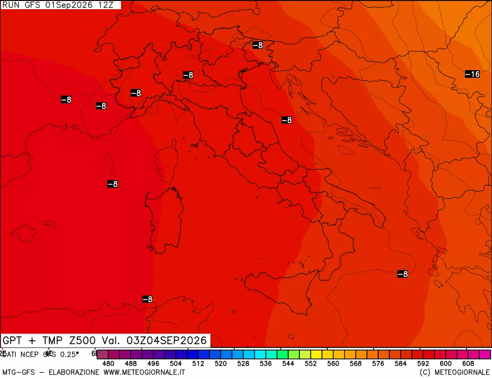 mappa 500 hPa GPT + Temp